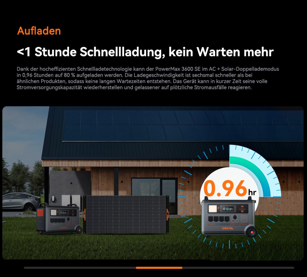 Oscal PowerMax 3600SE Tragbare Powerstation, 3600Wh LiFePO4-Akku, 3600W Reiner Sinuswellenausgang, 4500W Spitzenleistung, 6 LED-Lichtmodi, USB-C 100W, App-Steuerung, Schnellladung, Solargenerator für Hausnotstrom, Wohnmobil, Camping - EU-Stecker