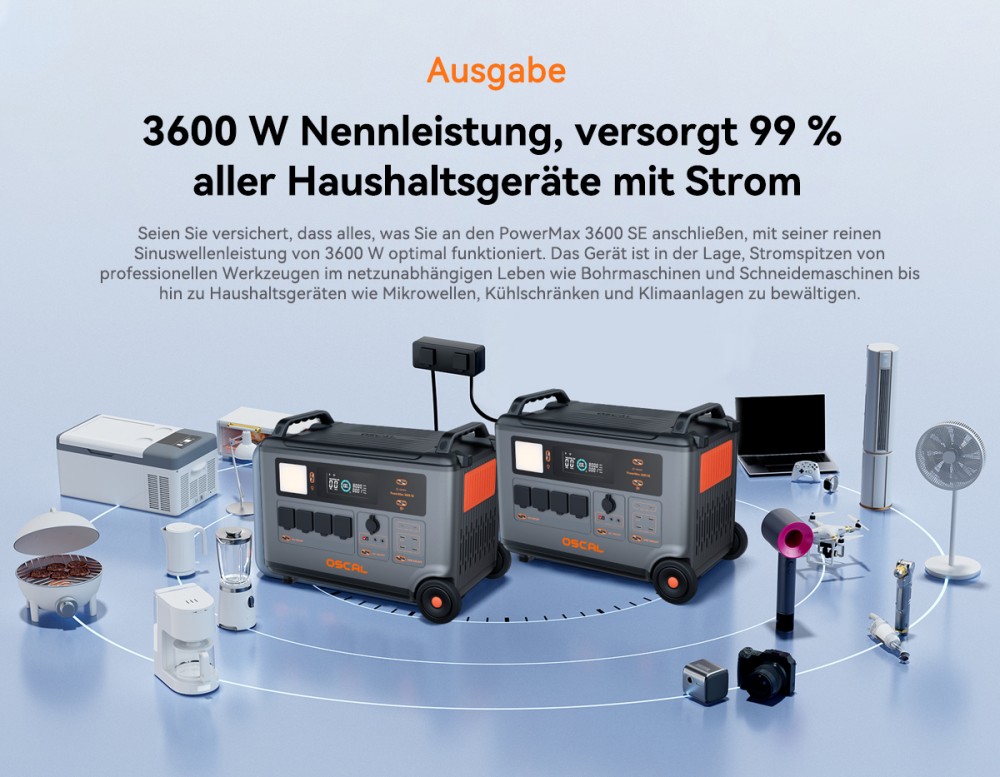 Oscal PowerMax 3600SE Tragbare Powerstation, 3600Wh LiFePO4-Akku, 3600W Reiner Sinuswellenausgang, 4500W Spitzenleistung, 6 LED-Lichtmodi, USB-C 100W, App-Steuerung, Schnellladung, Solargenerator für Hausnotstrom, Wohnmobil, Camping - EU-Stecker