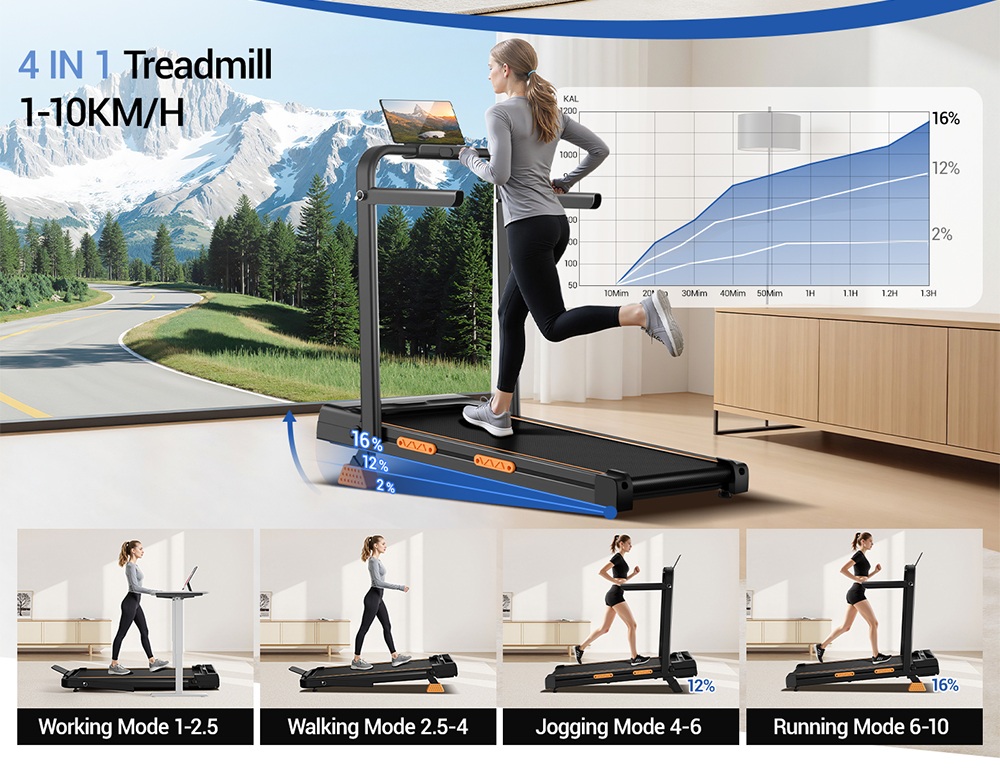 ROBORE X5F Foldable Treadmill with 16% Incline, 3.0HP Quiet Motor, 10km/h Max Speed, 136kg Load, 3-Level Incline, LED Display & Remote Control
