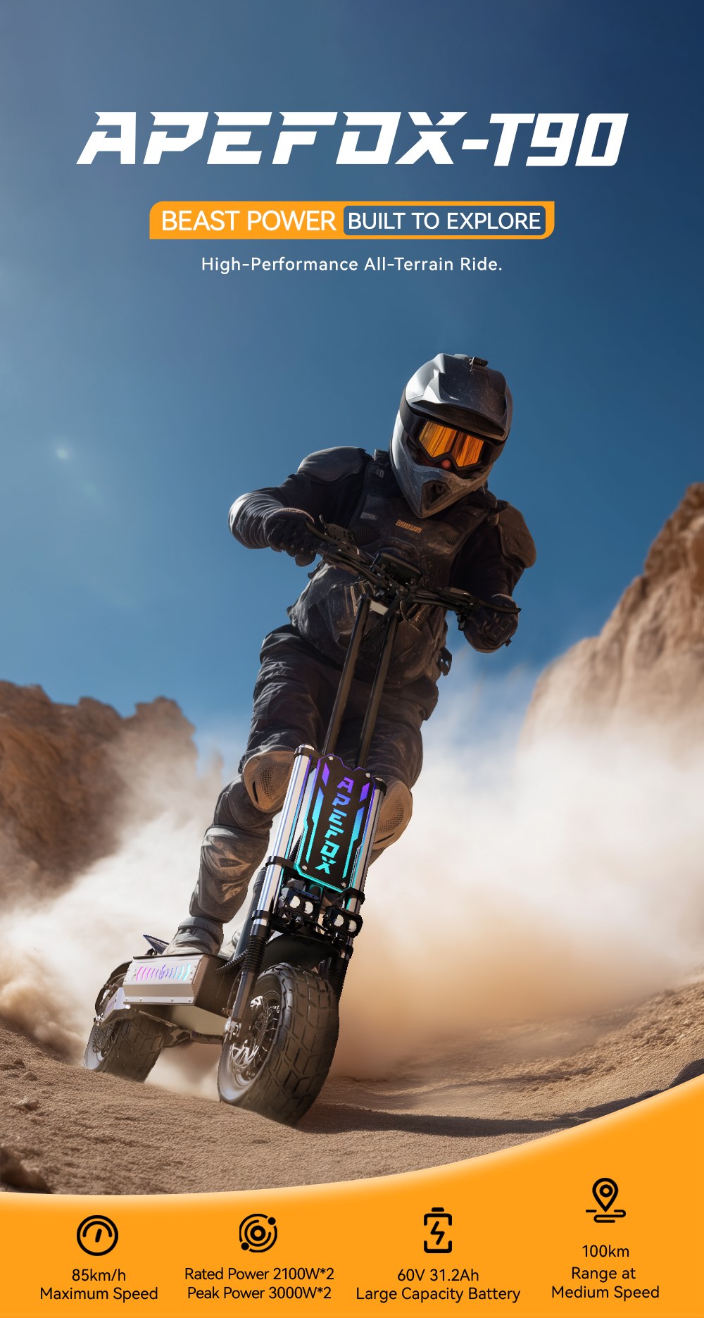 APEFOX T90 Elektroroller, 2 Motoren mit 2100 W, 60 V 31,2 Ah Batterie, 13 Zoll Reifen, 85 km/h Höchstgeschwindigkeit, 100 km Reichweite, hydraulische Scheibenbremsen, doppelte hydraulische Vorderradfederung und Doppelfederung hinten