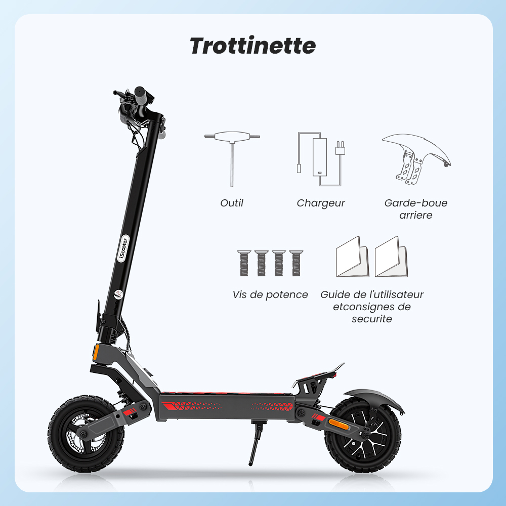 iScooter iF1 Trottinette électrique pliable, moteur 1200W, batterie 48V 10Ah, 45 km/h, autonomie 40–50 km, pneus tout-terrain tubeless 10 pouces, freins à disque avant/arrière + E-ABS, IPX5, application iScooter Club, charge max 150 kg