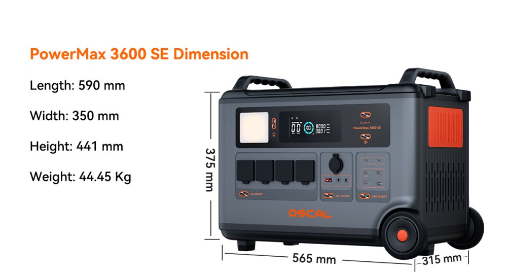 Oscal PowerMax 3600SE Hordozhat&oacute; Erőmű, 3600Wh LiFePO4 Akkumul&aacute;tor, 3600W Tiszta Szinuszos Kimenet, 4500W Cs&uacute;csfesz&uuml;lts&eacute;g, Gyors T&ouml;lt&eacute;s, Napelemes Gener&aacute;tor Otthoni Tartal&eacute;khoz, Lak&oacute;aut&oacute;hoz, Kempingez&eacute;shez - EU Csatlakoz&oacute;