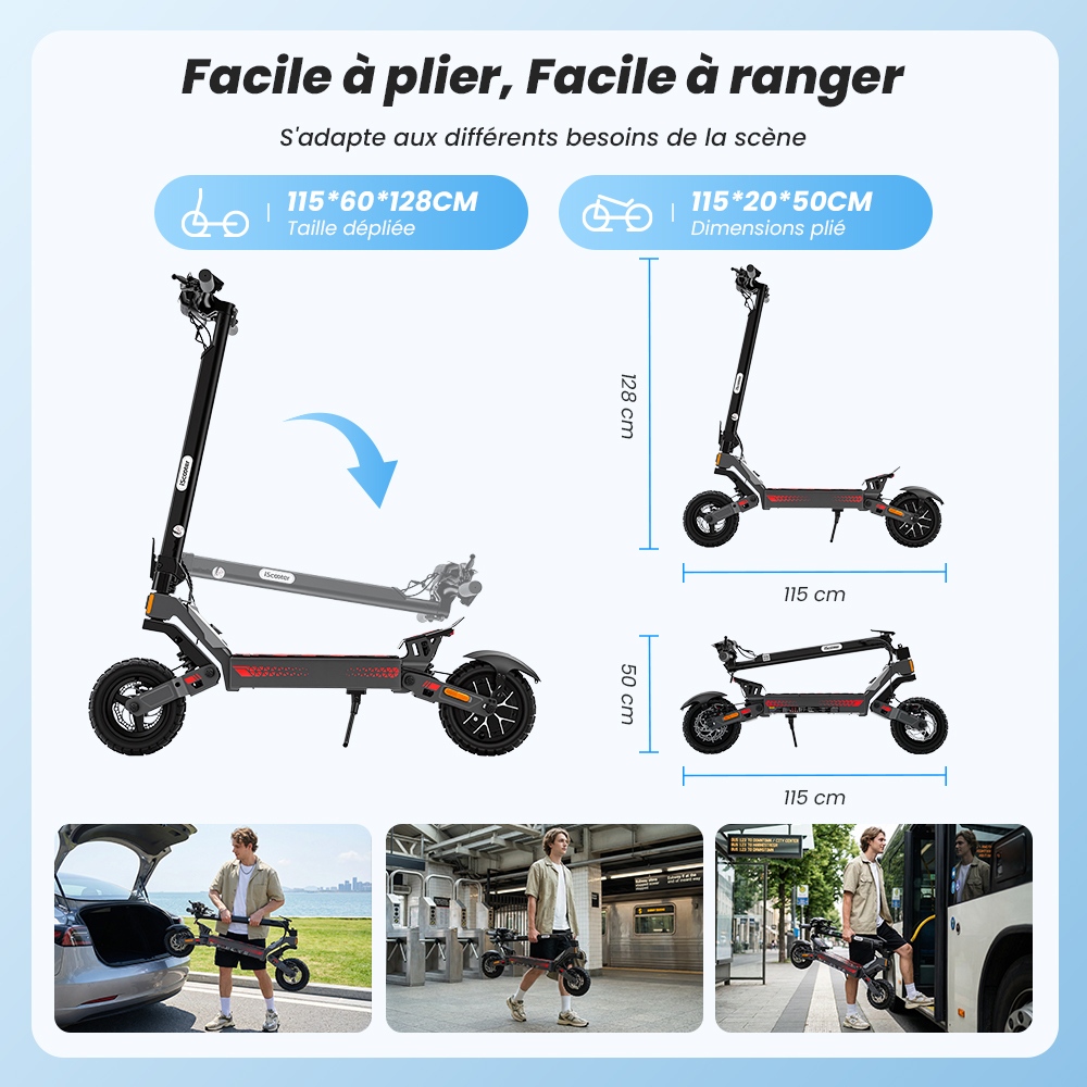 iScooter iF1 Trottinette électrique pliable, moteur 1200W, batterie 48V 10Ah, 45 km/h, autonomie 40–50 km, pneus tout-terrain tubeless 10 pouces, freins à disque avant/arrière + E-ABS, IPX5, application iScooter Club, charge max 150 kg