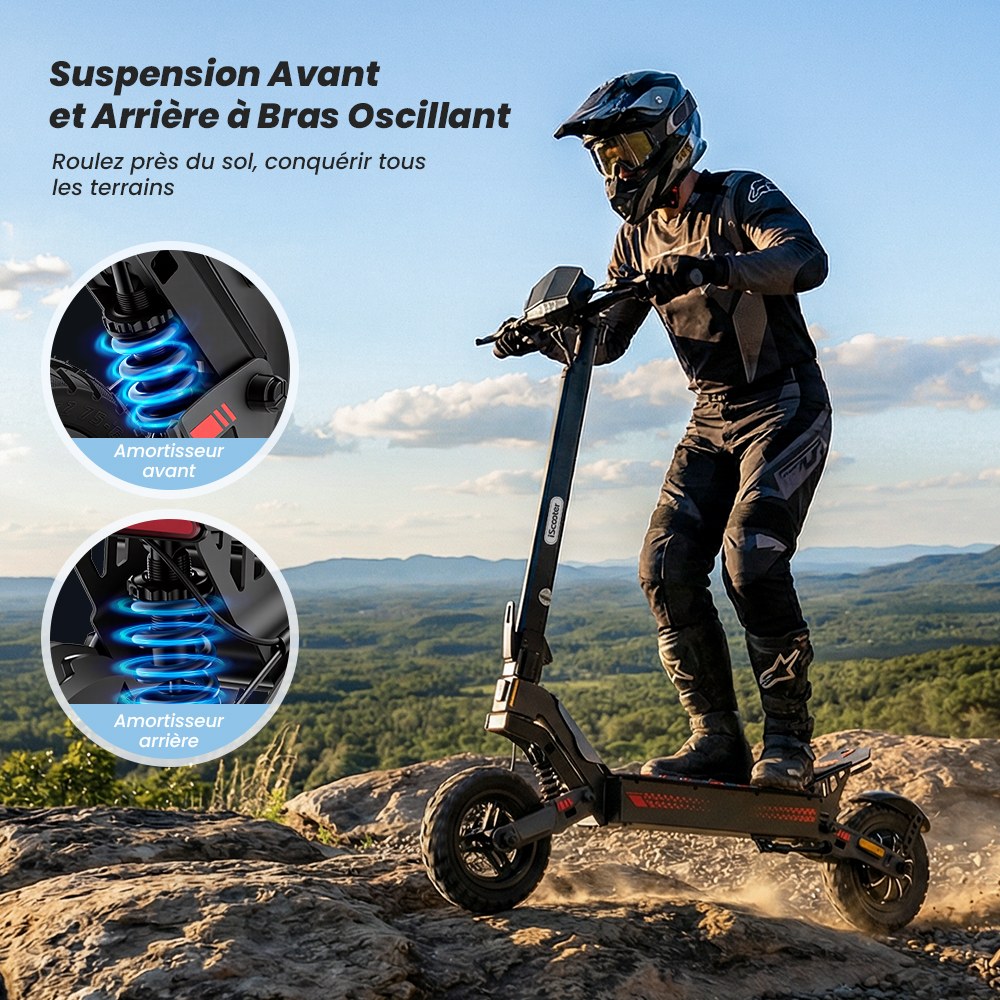 iScooter iF1 Trottinette électrique pliable, moteur 1200W, batterie 48V 10Ah, 45 km/h, autonomie 40–50 km, pneus tout-terrain tubeless 10 pouces, freins à disque avant/arrière + E-ABS, IPX5, application iScooter Club, charge max 150 kg