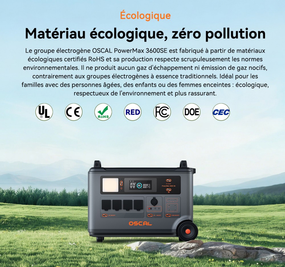 Oscal PowerMax 3600SE Station d&rsquo;&eacute;nergie portable, batterie LiFePO4 3600Wh, sortie sinuso&iuml;dale pure 3600W, pic 4500W, 6 modes LED, USB-C 100W, commande app, recharge rapide, g&eacute;n&eacute;rateur solaire pour secours, camping, camping-car &ndash; prise EU