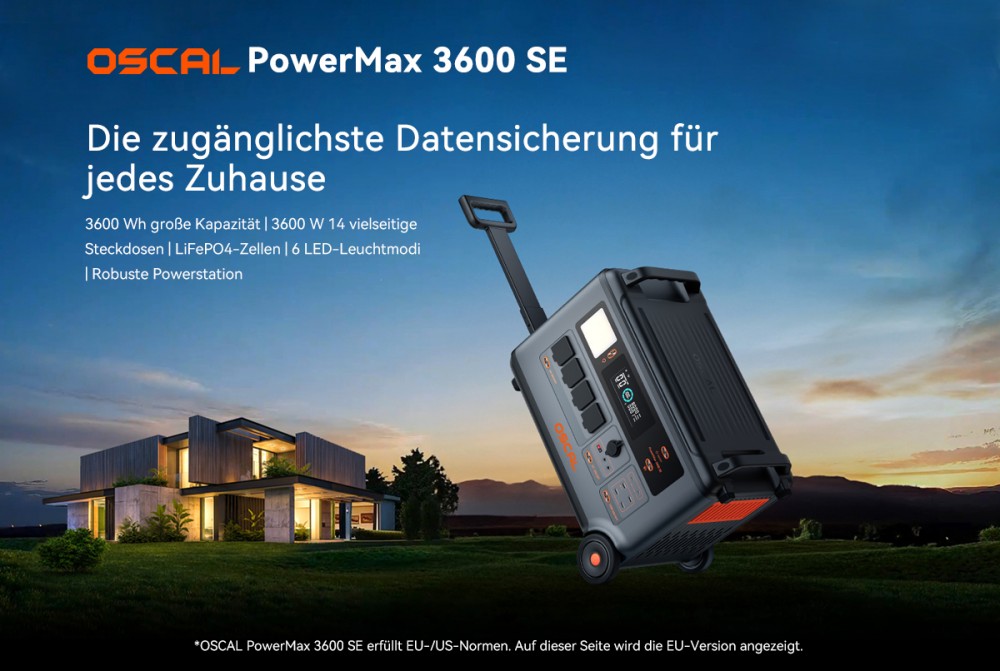 Oscal PowerMax 3600SE Tragbare Powerstation, 3600Wh LiFePO4-Akku, 3600W Reiner Sinuswellenausgang, 4500W Spitzenleistung, 6 LED-Lichtmodi, USB-C 100W, App-Steuerung, Schnellladung, Solargenerator für Hausnotstrom, Wohnmobil, Camping - EU-Stecker