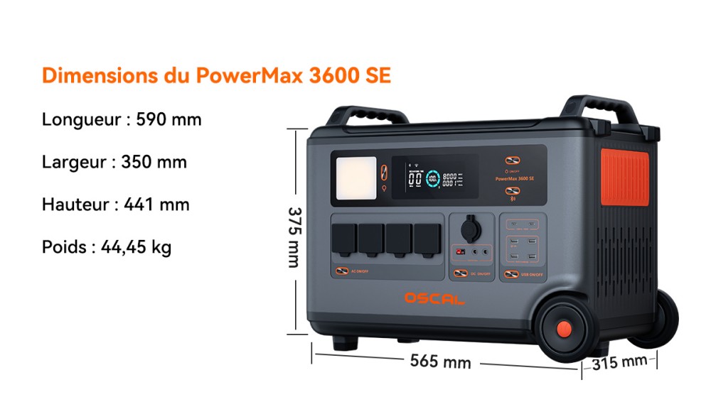 Oscal PowerMax 3600SE Station d&rsquo;&eacute;nergie portable, batterie LiFePO4 3600Wh, sortie sinuso&iuml;dale pure 3600W, pic 4500W, 6 modes LED, USB-C 100W, commande app, recharge rapide, g&eacute;n&eacute;rateur solaire pour secours, camping, camping-car &ndash; prise EU