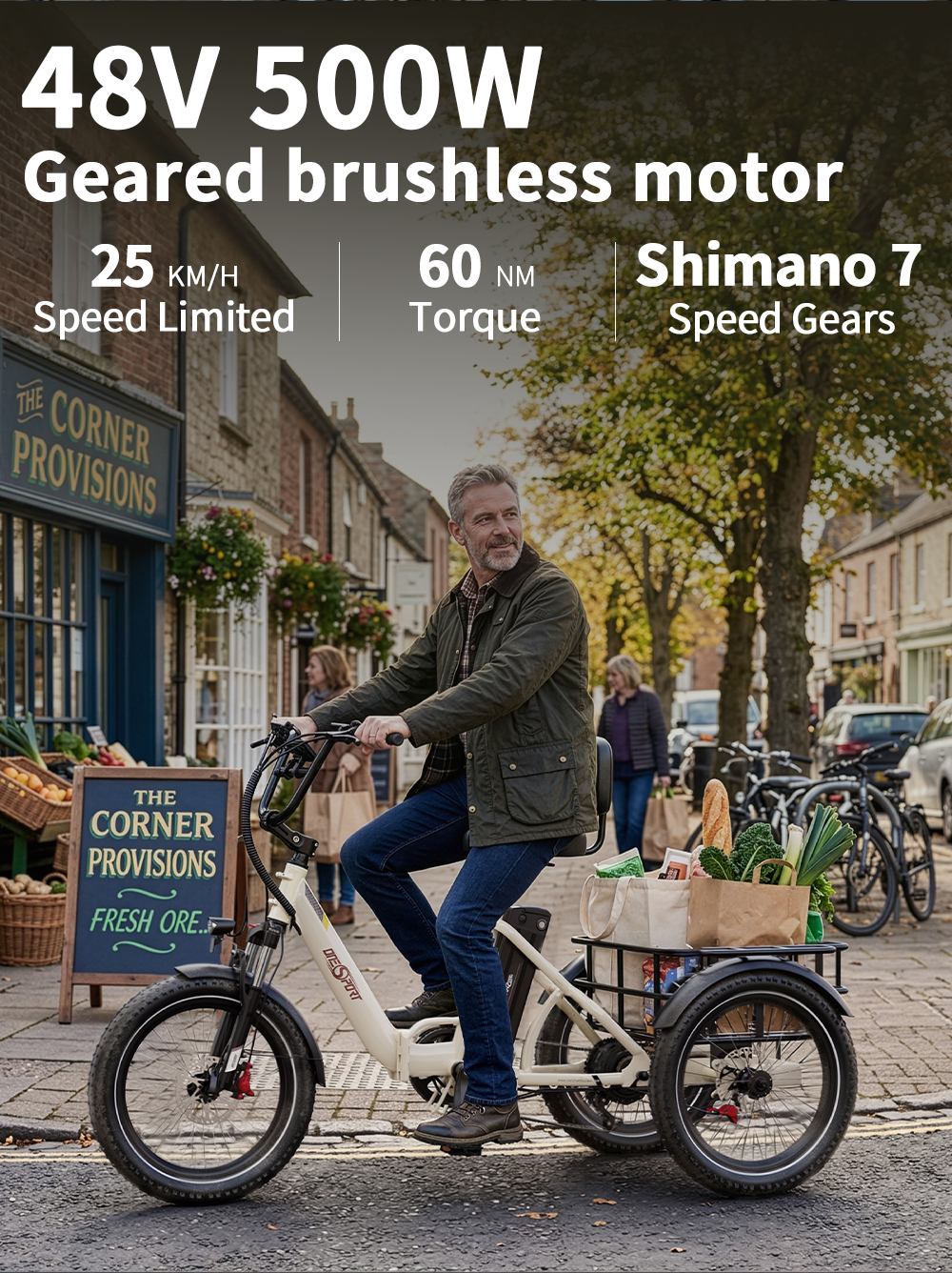 ONESPORT OT30 Pro Elektromos Tehersz&aacute;ll&iacute;t&oacute; Tricikli, 500 W-os Motor, 48 V 18 Ah Akkumul&aacute;tor, 20*3 h&uuml;velykes Gumiabroncsok, 25 km/h Max. Sebess&eacute;g, 90 km Hat&oacute;t&aacute;vols&aacute;g, Hidraulikus T&aacute;rcsaf&eacute;kek, Leng&eacute;scsillap&iacute;t&oacute; Első Villa, Shimano 7 Sebess&eacute;gv&aacute;lt&oacute;, 180 kg Max. Terhelhetős&eacute;g - B&eacute;zs