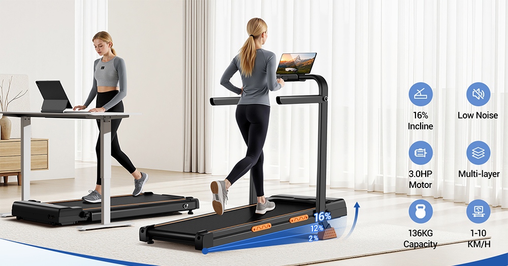 ROBORE X5F Foldable Treadmill with 16% Incline, 3.0HP Quiet Motor, 10km/h Max Speed, 136kg Load, 3-Level Incline, LED Display & Remote Control