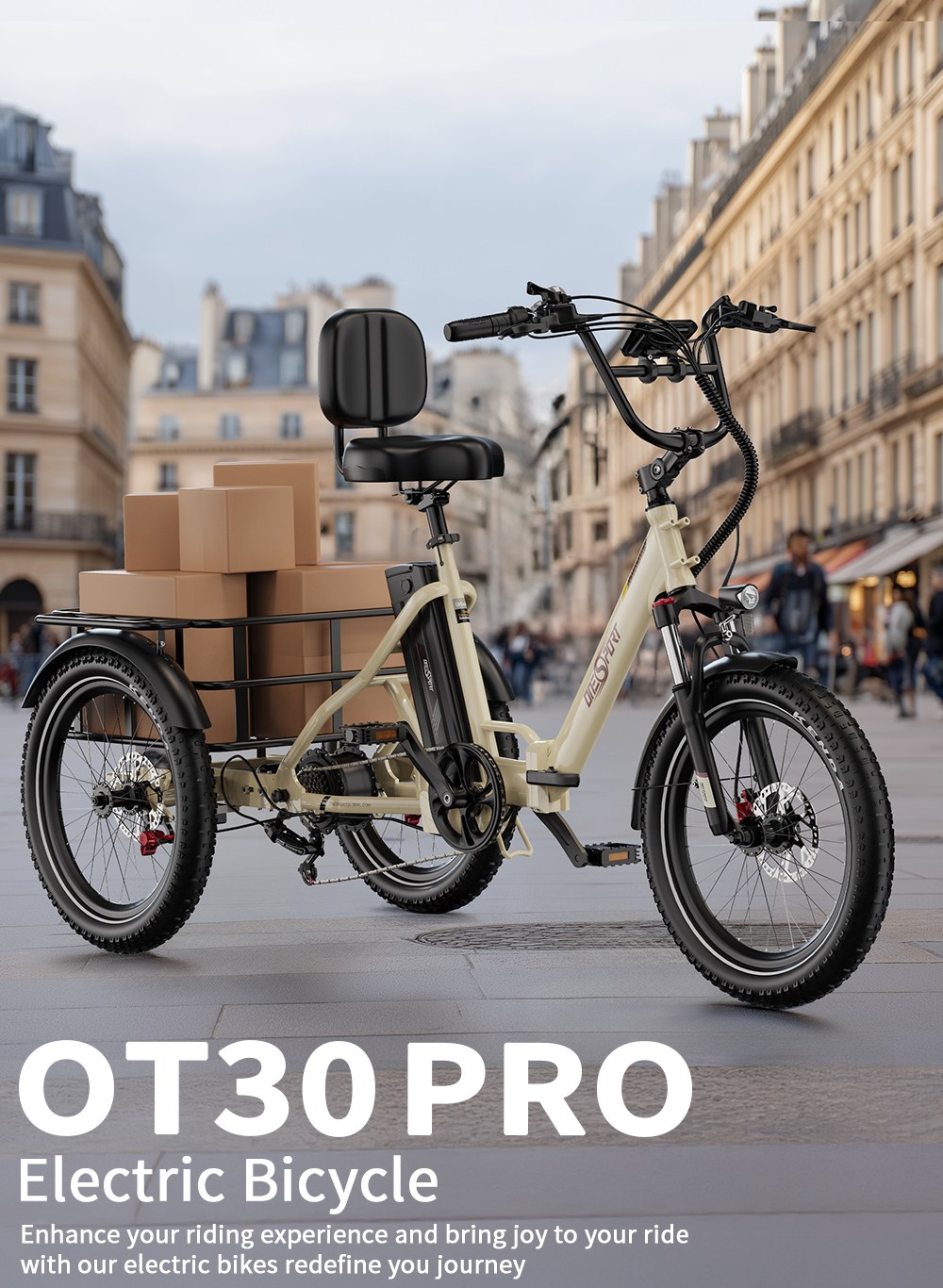 ONESPORT OT30 Pro Elektromos Tehersz&aacute;ll&iacute;t&oacute; Tricikli, 500 W-os Motor, 48 V 18 Ah Akkumul&aacute;tor, 20*3 h&uuml;velykes Gumiabroncsok, 25 km/h Max. Sebess&eacute;g, 90 km Hat&oacute;t&aacute;vols&aacute;g, Hidraulikus T&aacute;rcsaf&eacute;kek, Leng&eacute;scsillap&iacute;t&oacute; Első Villa, Shimano 7 Sebess&eacute;gv&aacute;lt&oacute;, 180 kg Max. Terhelhetős&eacute;g - B&eacute;zs