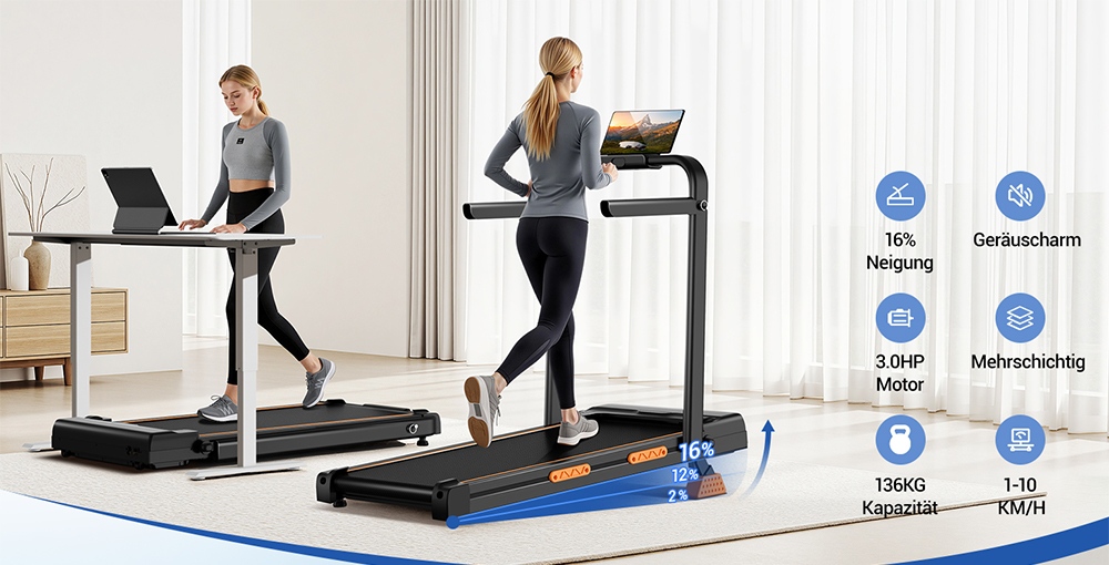 ROBORE X5F Klappbares Laufband mit 16% Steigung, 3,0-PS-Leisemotor, 10km/h Höchstgeschwindigkeit, 136kg Traglast, 3-Steigungsstufen, LED-Display & Fernbedienung
