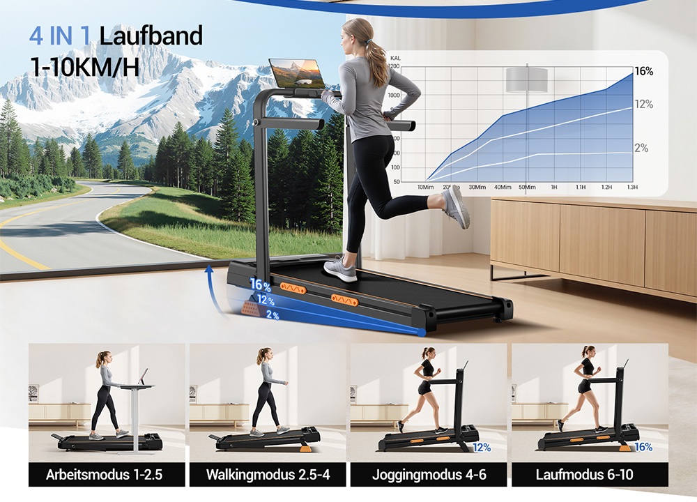 ROBORE X5F Klappbares Laufband mit 16% Steigung, 3,0-PS-Leisemotor, 10km/h Höchstgeschwindigkeit, 136kg Traglast, 3-Steigungsstufen, LED-Display & Fernbedienung