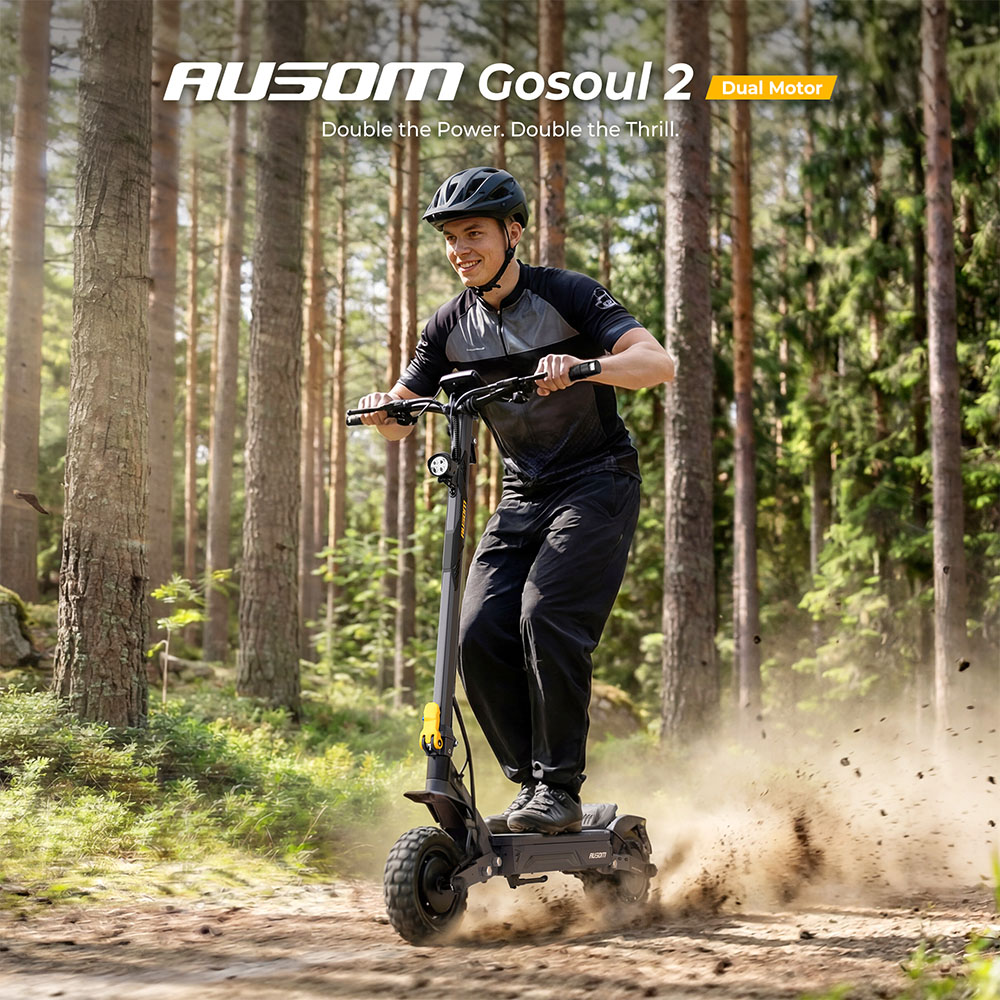 Elektrická kolobežka Ausom Gosoul 2 s dvojmotorovým pohonom, špičkový výkon 2200 W, maximálna rýchlosť 50 km/h, dojazd 70 km, 48 V 13.5Ah batéria, dvojité odpruženie kyvného ramena, E-ABS + dvojité kotúčové brzdy, 10