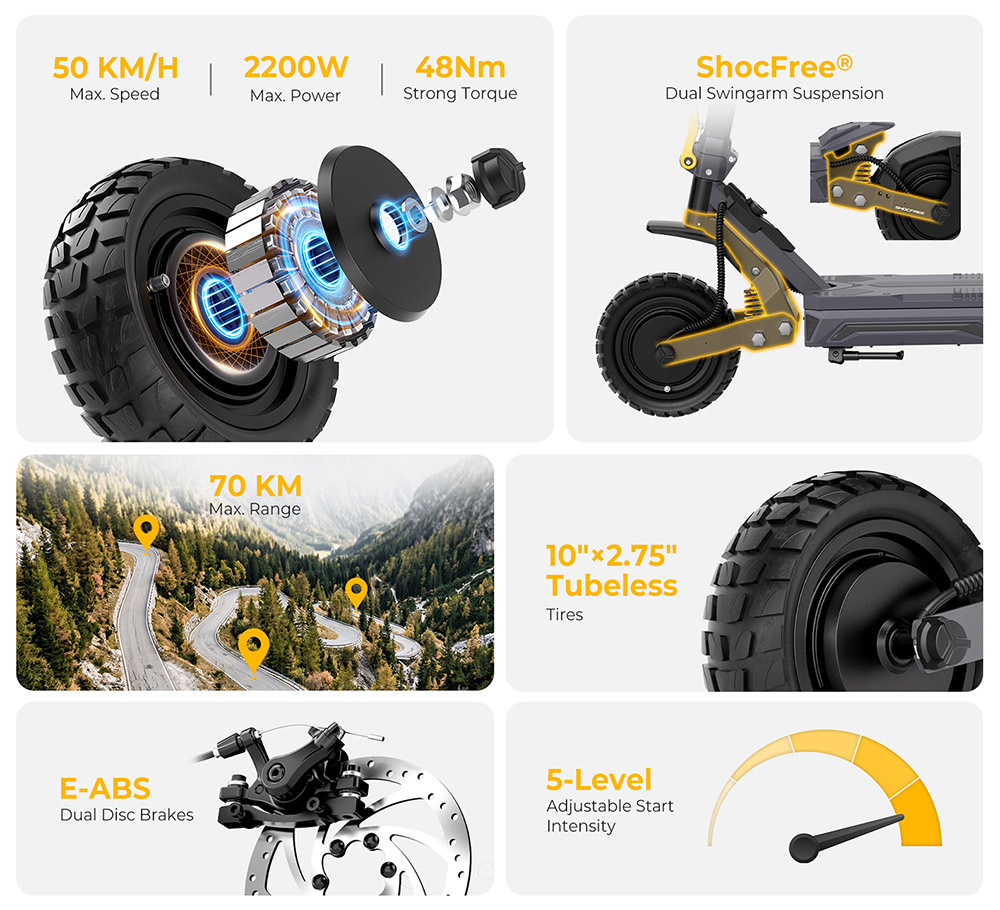 Ausom Gosoul 2 Dual Motor Electric Scooter, 2200W Peak, 50km/h Max Speed, 70km Range, 48V 13.5Ah batéria, dvojité odpruženie kyvného ramena, E-ABS + dvojité kotúčové brzdy, 10