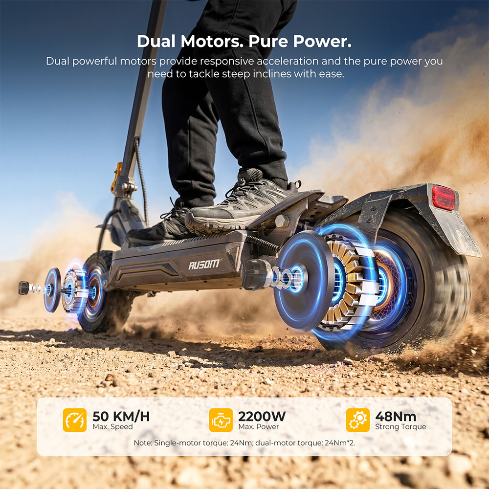 Ausom Gosoul 2 Dual Motor Electric Scooter, 2200W Peak, 50km/h Max Speed, 70km Range, 48V 13.5Ah batéria, dvojité odpruženie kyvného ramena, E-ABS + dvojité kotúčové brzdy, 10