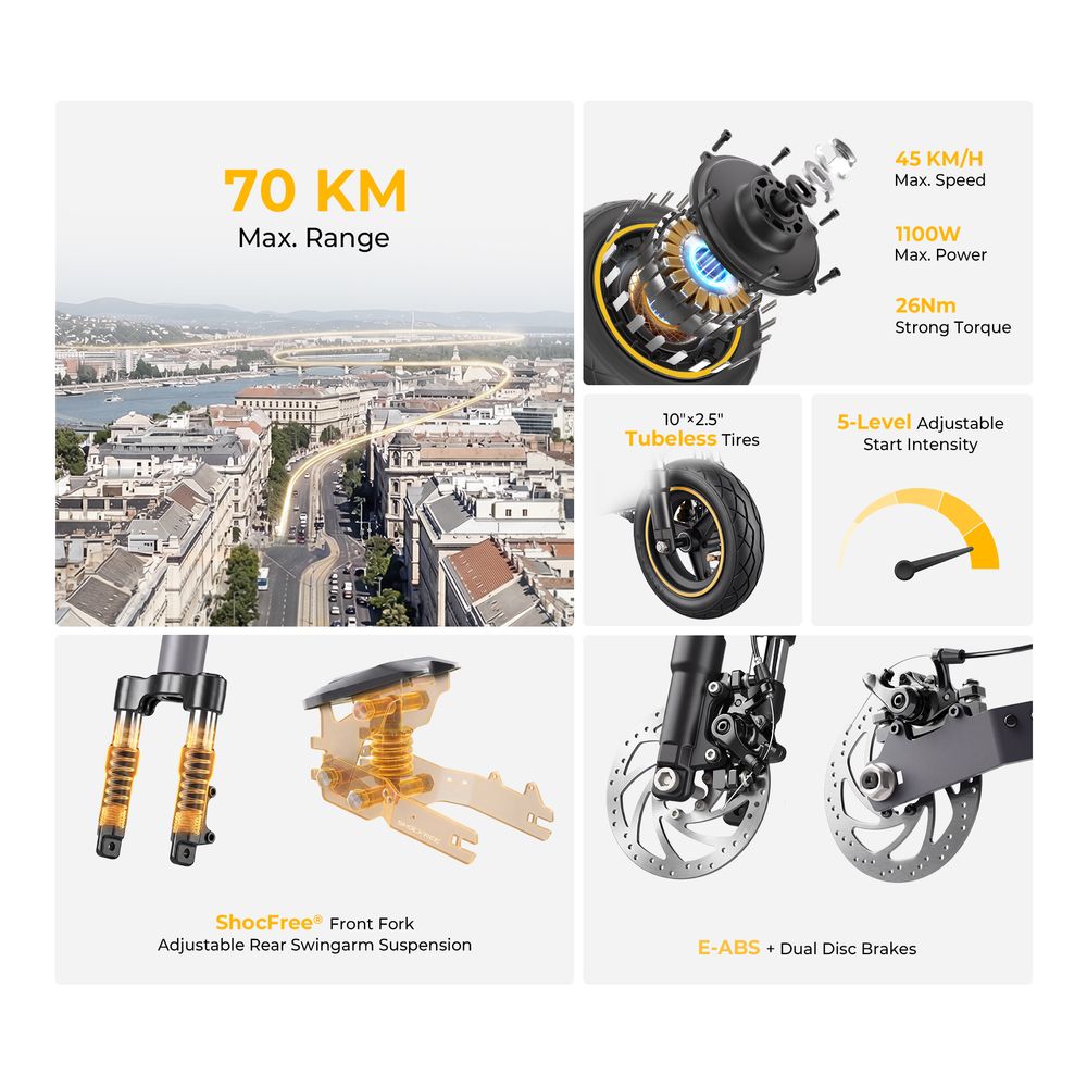 Jednomotorový elektrický skúter Ausom K20, 1100W špičkový motor, dojazd 70 km, max. rýchlosť 45 km/h, 48V 13.5Ah batéria, 20% stúpanie, dvojkotúčové brzdy + E-ABS, 10