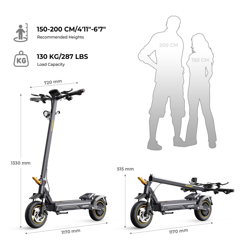 Jednomotorový elektrický skúter Ausom K20, 1100W špičkový motor, dojazd 70 km, max. rýchlosť 45 km/h, 48V 13.5Ah batéria, 20% stúpanie, dvojkotúčové brzdy + E-ABS, 10