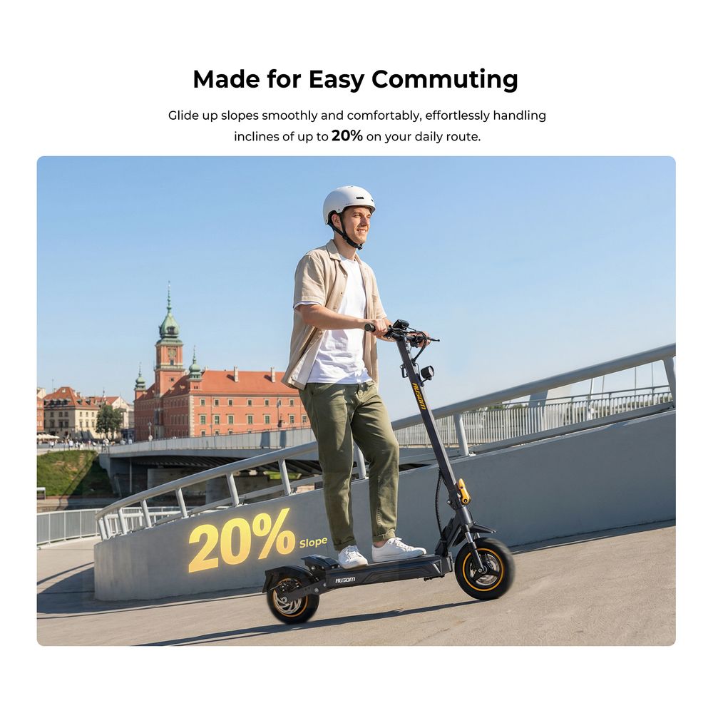 Jednomotorový elektrický skúter Ausom K20, 1100W špičkový motor, dojazd 70 km, max. rýchlosť 45 km/h, 48V 13.5Ah batéria, 20% stúpanie, dvojkotúčové brzdy + E-ABS, 10
