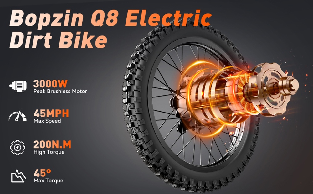 BOPZIN Q8 Electric Dirt Bike, 3000W špičkový motor, 60V 35Ah vymeniteľná batéria, rýchlosť až 45MPH, maximálny dojazd 68 míľ, 25'' tučné pneumatiky, dvojité odpruženie, hydraulické kotúčové brzdy, nosnosť 396lbs, 3 režimy jazdy