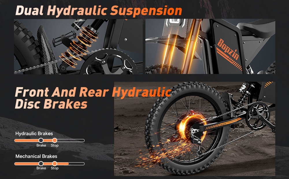 BOPZIN Q8 Electric Dirt Bike, 3000W špičkový motor, 60V 35Ah odnímateľná batéria, rýchlosť až 45 km/h, maximálny dojazd 68 míľ, 25' hrubé pneumatiky, dvojité odpruženie, hydraulické kotúčové brzdy, nosnosť 396 libier, 3 režimy jazdy