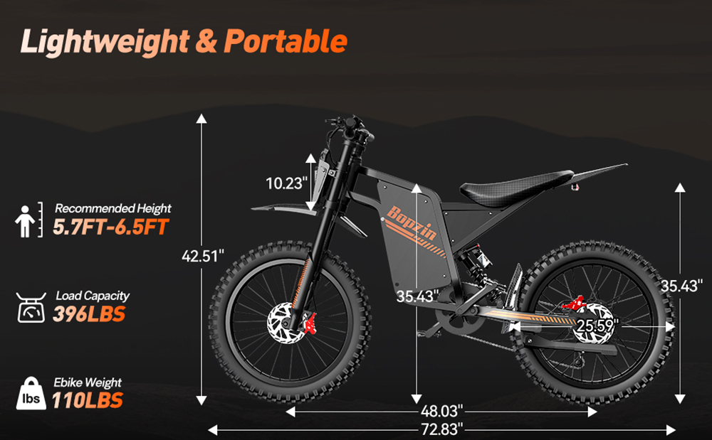 BOPZIN Q8 Electric Dirt Bike, 3000W špičkový motor, 60V 35Ah odnímateľná batéria, rýchlosť až 45 km/h, maximálny dojazd 68 míľ, 25' hrubé pneumatiky, dvojité odpruženie, hydraulické kotúčové brzdy, nosnosť 396 libier, 3 režimy jazdy
