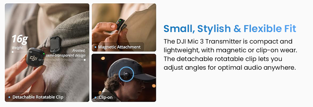 Refurbished DJI Mic 3 Wireless Lavalier Microphone (2TX+1RX+Charging Case), 32-bit Float Internal Recording, 48kHz Audio, Adaptive Gain Control, Dual-Band 2.4GHz/5GHz Anti-Interference, Built-in 32GB Storage, Timecode & OsmoAudio Ecosystem