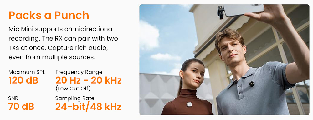 Refurbished DJI Mic Mini Wireless Lavalier Microphone (1TX+1RX), 48kHz/120dB SPL Professional Audio, 400m Wireless Transmission, Intelligent Noise Cancellation & Auto Gain Control, USB-C Compatible for iPhone/Camera/Android