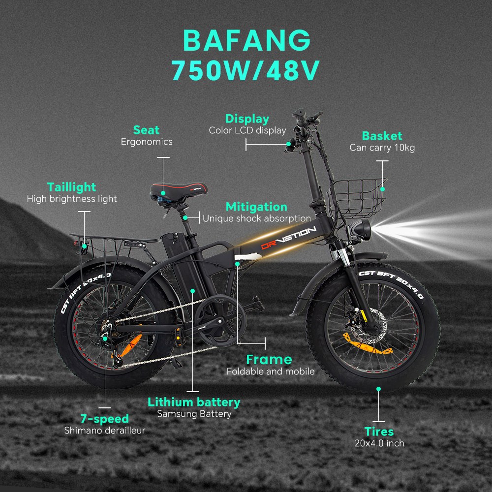 DRVETION AT20 Pro Electric Bike, 750W motor BAFANG, 48V 20Ah batéria Samsung, dojazd až 130 km, max. rýchlosť 45 km/h, 20×4.0" Fat Tires, Shimano 7-Speed, Hydraulic Brakes, Foldable All-Terrain E-Bike - Gray