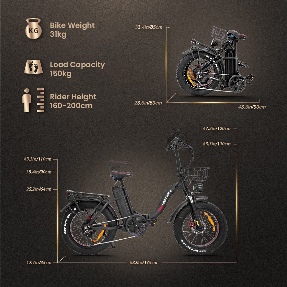 DRVETION CT20 Pro skladací elektrický bicykel, 750W motor, 48V 20Ah batéria Samsung, 25 km/h (odomknutý), dojazd 80 km, 20×4.0" CST Fat Tires, Dual Hydraulic Disc Brakes, 7-Speed, 150kg Max Load - Black