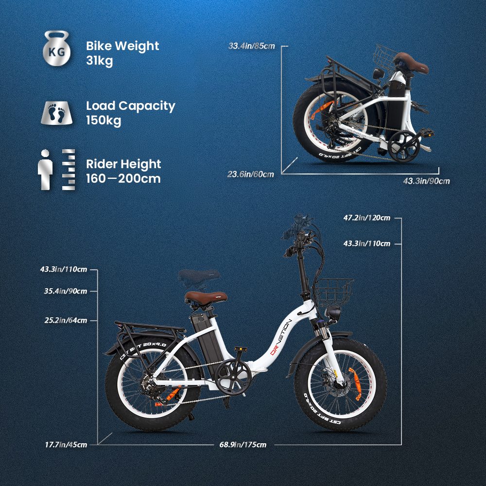 DRVETION CT20 Pro skladací elektrický bicykel, 750W motor, 48V 20Ah batéria Samsung, 25 km/h (odomknutý), dojazd 80 km, 20×4.0" CST Fat Tires, Dual Hydraulic Disc Brakes, 7-Speed, 150kg Max Load - White