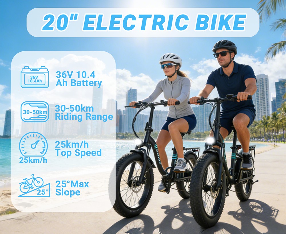 Elektrobicykel E·Bycco S1, 250W bezkartáčový (500W špičkový) motor, 36V 10.4Ah vymeniteľná batéria, maximálna rýchlosť 25km/h, dojazd 30-50km, 20"×3.0" Fat Tires, Shimano 7-Speed, Dual Disc Brakes, Foldable Frame, 150kg Max Load
