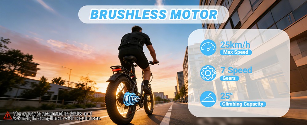 E·Bycco S1 Electric Bike, 250W Brushless (500W Peak) Motor, 36V 10,4Ah vymeniteľná batéria, 25km/h maximálna rýchlosť, 30-50km dojazd, 20"×3.0" Fat Tires, Shimano 7-Speed, Dual Disc Brakes, Foldable Frame, 150kg Max Load