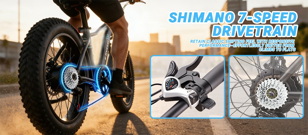 Elektrobicykel E·Bycco S1, 250W bezkartáčový (500W špičkový) motor, 36V 10.4Ah vymeniteľná batéria, maximálna rýchlosť 25km/h, dojazd 30-50km, 20"×3.0" Fat Tires, Shimano 7-Speed, Dual Disc Brakes, Foldable Frame, 150kg Max Load