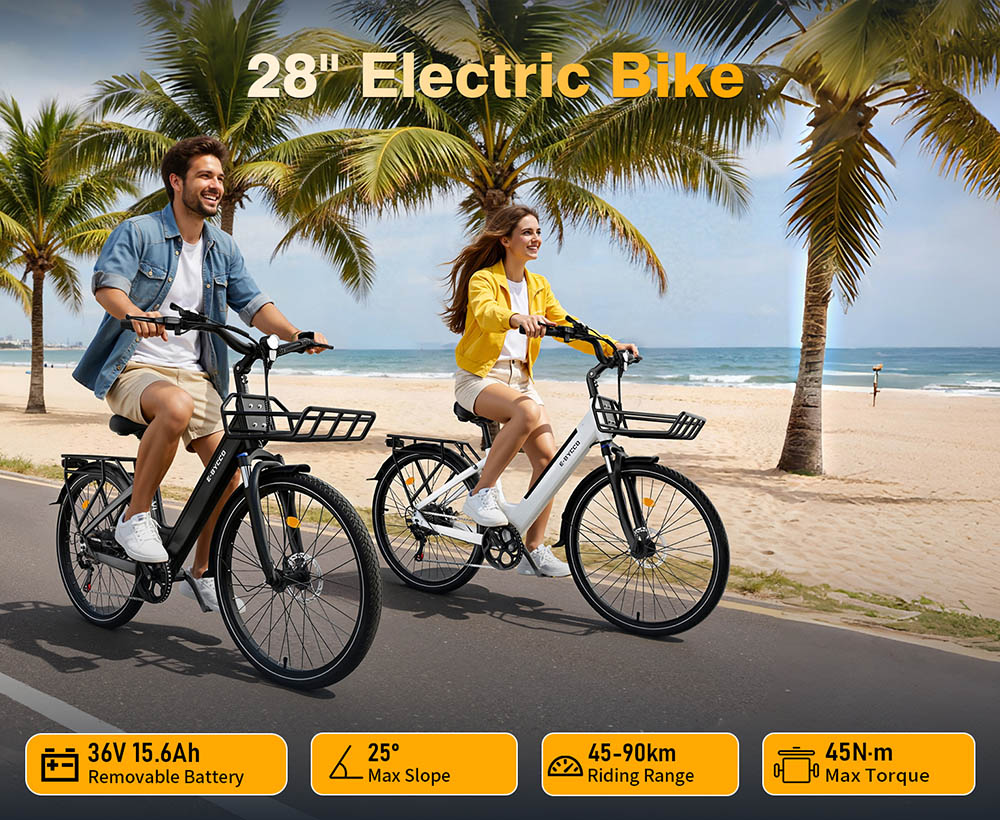 E·Bycco V1 Electric Bike, 250W Motor (500W Peak), 36V 15.6Ah vymeniteľná batéria, max. rýchlosť 25 km/h, dojazd až 90 km, 28' dochádzkový elektrobicykel, 7-rýchlostný SHIMANO, uzamykateľné odpruženie, dvojkotúčové brzdy - čierny
