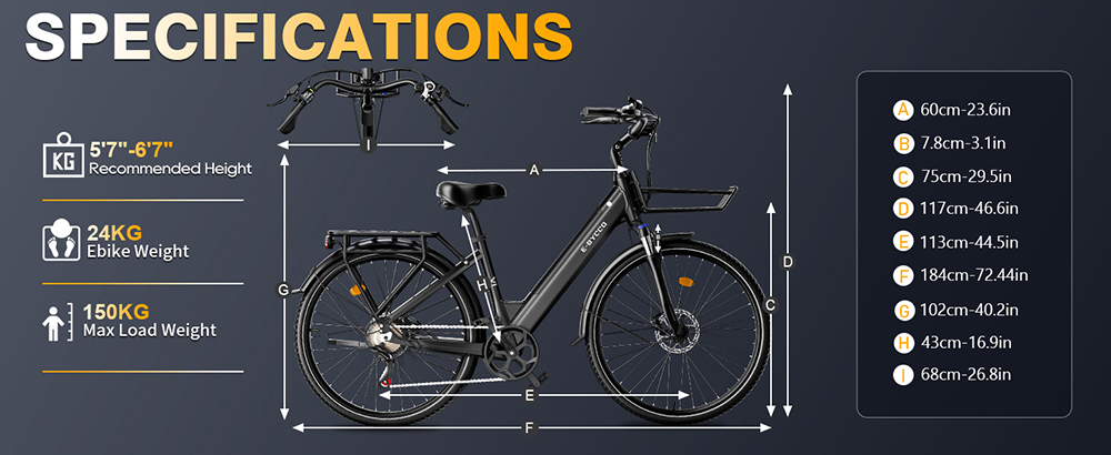 E·Bycco V1 Electric Bike, 250W motor (500W Peak), 36V 15,6Ah vymeniteľná batéria, max. rýchlosť 25 km/h, dojazd až 90 km, 28' Commuter E-Bike, SHIMANO 7-rýchlostný, uzamykateľné odpruženie, dvojkotúčové brzdy - čierny