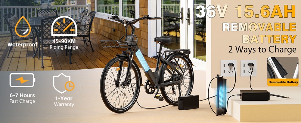 E·Bycco V1 Electric Bike, 250W Motor (500W Peak), 36V 15.6Ah vymeniteľná batéria, max. rýchlosť 25 km/h, dojazd až 90 km, 28' dochádzkový elektrobicykel, 7-rýchlostný SHIMANO, uzamykateľné odpruženie, dvojkotúčové brzdy - čierny