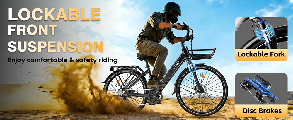 E·Bycco V1 Electric Bike, 250W motor (500W Peak), 36V 15.6Ah vymeniteľná batéria, max. rýchlosť 25 km/h, dojazd až 90 km, 28' dochádzkový elektrobicykel, 7-rýchlostný SHIMANO, uzamykateľné odpruženie, dvojkotúčové brzdy - čierny