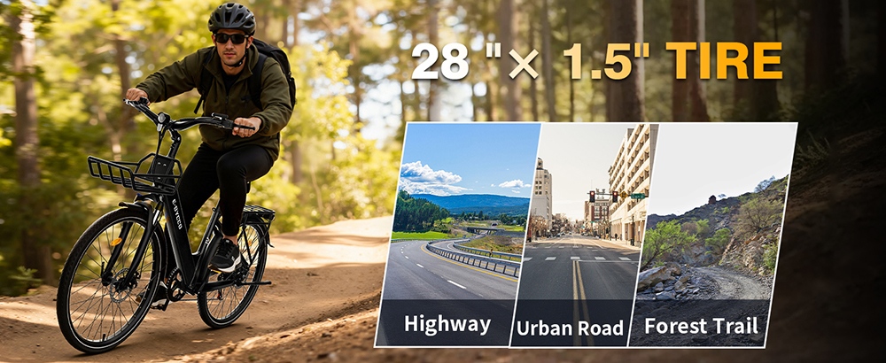 E·Bycco V1 Electric Bike, 250W Motor (500W Peak), 36V 15.6Ah vymeniteľná batéria, max. rýchlosť 25 km/h, dojazd až 90 km, 28' dochádzkový elektrobicykel, 7-rýchlostný SHIMANO, uzamykateľné odpruženie, dvojkotúčové brzdy - čierny