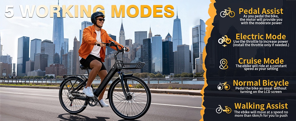 E·Bycco V1 Electric Bike, 250W motor (500W Peak), 36V 15.6Ah vymeniteľná batéria, max. rýchlosť 25 km/h, dojazd až 90 km, 28' dochádzkový elektrobicykel, 7-rýchlostný SHIMANO, uzamykateľné odpruženie, dvojkotúčové brzdy - čierny