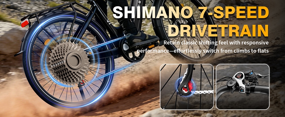E·Bycco V1 Electric Bike, 250W Motor (500W Peak), 36V 15.6Ah vymeniteľná batéria, max. rýchlosť 25 km/h, dojazd až 90 km, 28' dochádzkový elektrobicykel, 7-rýchlostný SHIMANO, uzamykateľné odpruženie, dvojkotúčové brzdy - čierny