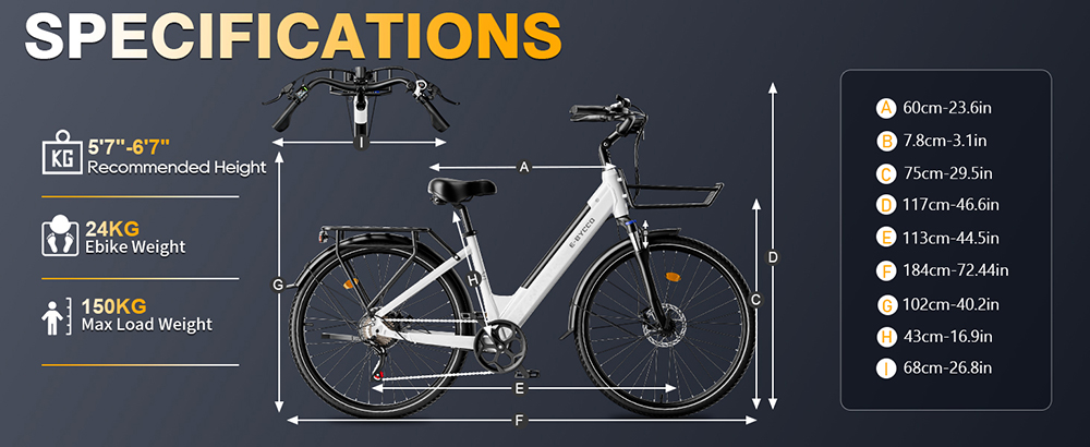 E&middot;Bycco V1 Elektrofahrrad, 250-W-Motor (500 W Spitzenleistung), herausnehmbarer 36-V-15,6-Ah-Akku, 25 km/h H&ouml;chstgeschwindigkeit, bis zu 90 km Reichweite, 28-Zoll-Pendler-E-Bike, SHIMANO 7-Gang-Schaltung, blockierbare Federung, Scheibenbremsen &ndash; Wei&szlig;