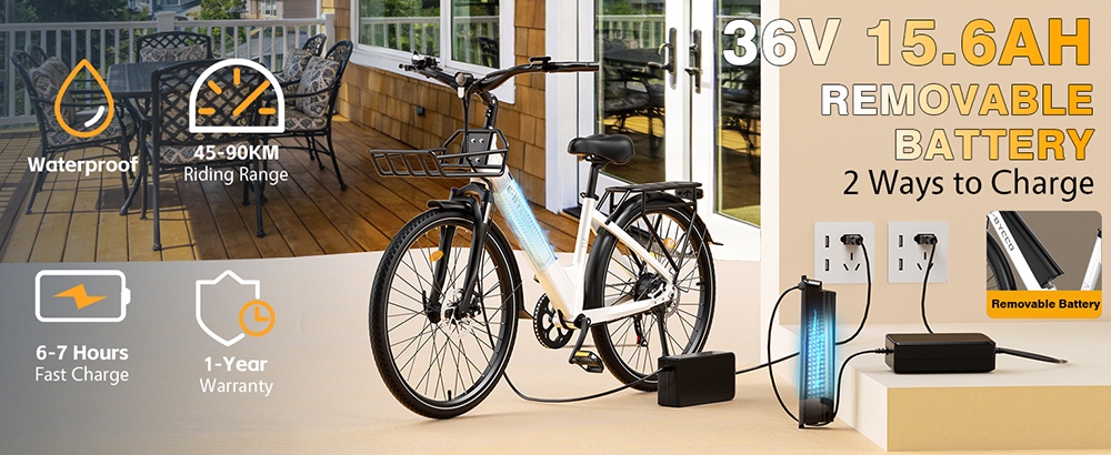 E·Bycco V1 Electric Bike, 250W Motor (500W Peak), 36V 15.6Ah vymeniteľná batéria, max. rýchlosť 25 km/h, dojazd až 90 km, 28' dochádzkový elektrobicykel, 7-rýchlostný SHIMANO, uzamykateľné odpruženie, dvojkotúčové brzdy - biely