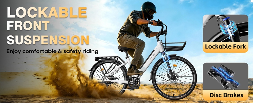 E·Bycco V1 Electric Bike, 250W motor (500W Peak), 36V 15.6Ah vymeniteľná batéria, max. rýchlosť 25 km/h, dojazd až 90 km, 28' dochádzkový elektrobicykel, SHIMANO 7 rýchlostí, uzamykateľné odpruženie, dvojkotúčové brzdy - biely