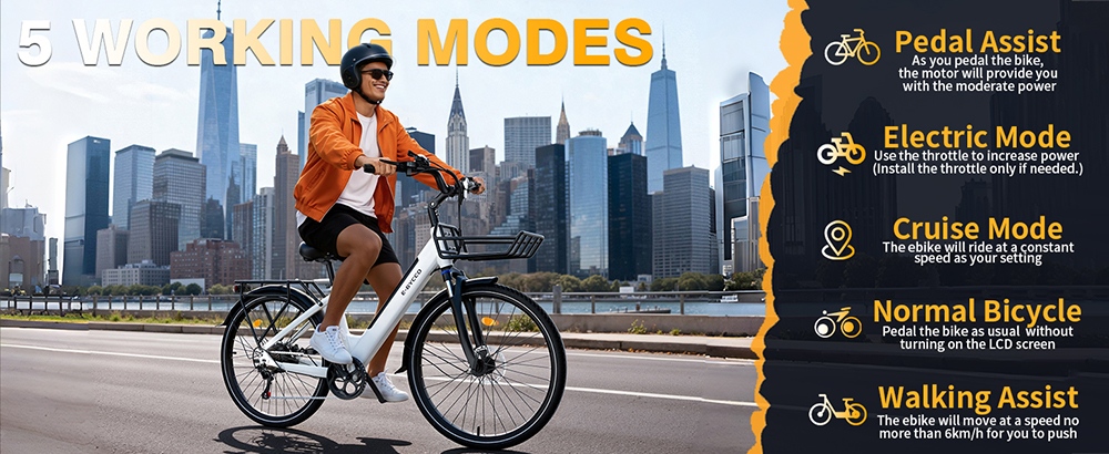 E·Bycco V1 Electric Bike, 250W motor (500W Peak), 36V 15.6Ah vymeniteľná batéria, max. rýchlosť 25 km/h, dojazd až 90 km, 28' dochádzkový elektrobicykel, 7 rýchlostí SHIMANO, uzamykateľné odpruženie, dvojkotúčové brzdy - biely