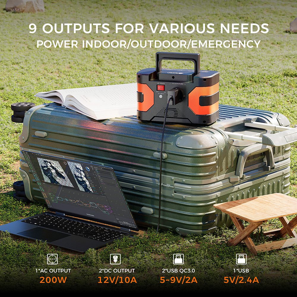 Prenosná napájacia stanica FlashFish EA200, lítium-iónová batéria 18650, 200W výstup s čistou sínusovou vlnou, 400W prepätie, 230V zásuvka AC, QC3.0 rýchle nabíjanie, nabíjanie zo siete/solárneho zariadenia/automobilu, solárny generátor na kempovanie, CPAP, cestovanie a núdzové zálohovanie