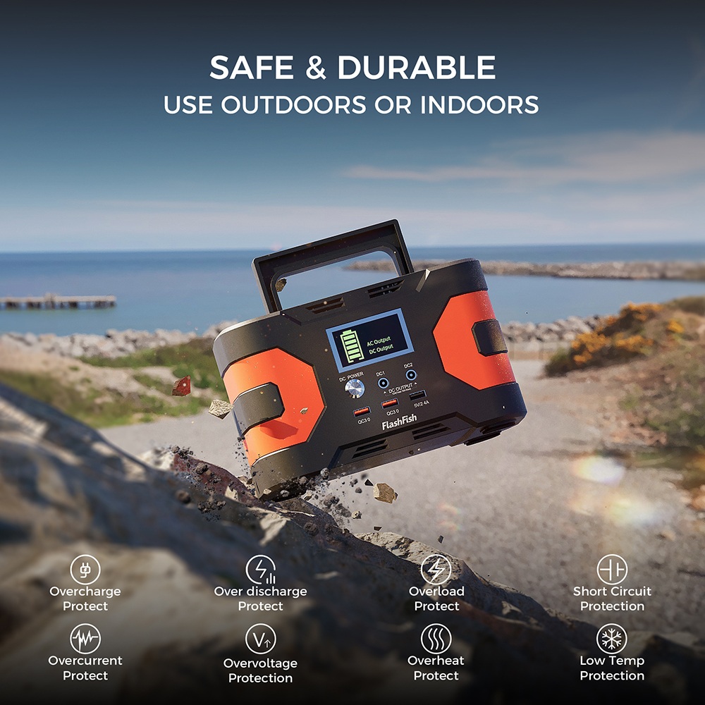 Prenosná napájacia stanica FlashFish EA200, lítium-iónová batéria 18650, 200W výstup s čistou sínusovou vlnou, 400W prepätie, 230V zásuvka AC, QC3.0 rýchle nabíjanie, nabíjanie zo siete/solárneho zariadenia/automobilu, solárny generátor na kempovanie, CPAP, cestovanie a núdzové zálohovanie