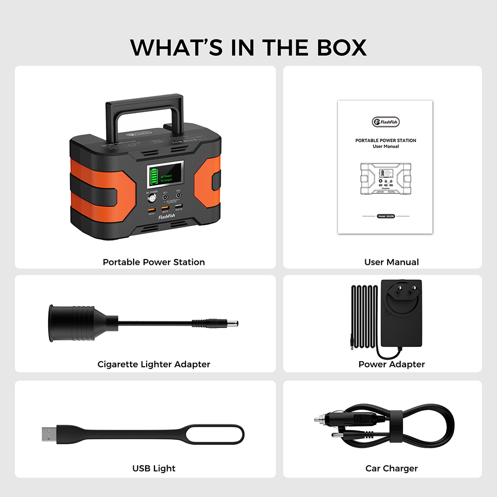 Prenosná napájacia stanica FlashFish EA200, lítium-iónová batéria 18650, 200W výstup s čistou sínusovou vlnou, 400W prepätie, 230V zásuvka AC, rýchle nabíjanie QC3.0, nabíjanie zo siete/solárneho zariadenia/automobilu, solárny generátor pre kempovanie, CPAP, cestovanie a núdzové zálohovanie