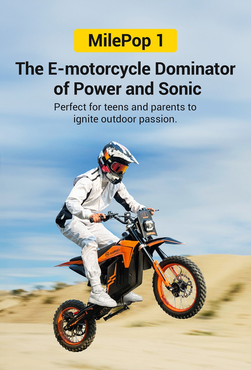 HillMiles MilePop 1 Electric Motorcycle, 2000W Motor (3000W Peak), 48V 25Ah Battery, 31 MPH Max Speed, 45 Miles Range, 120kg Load, Dual Hydraulic Brakes, Full Suspension