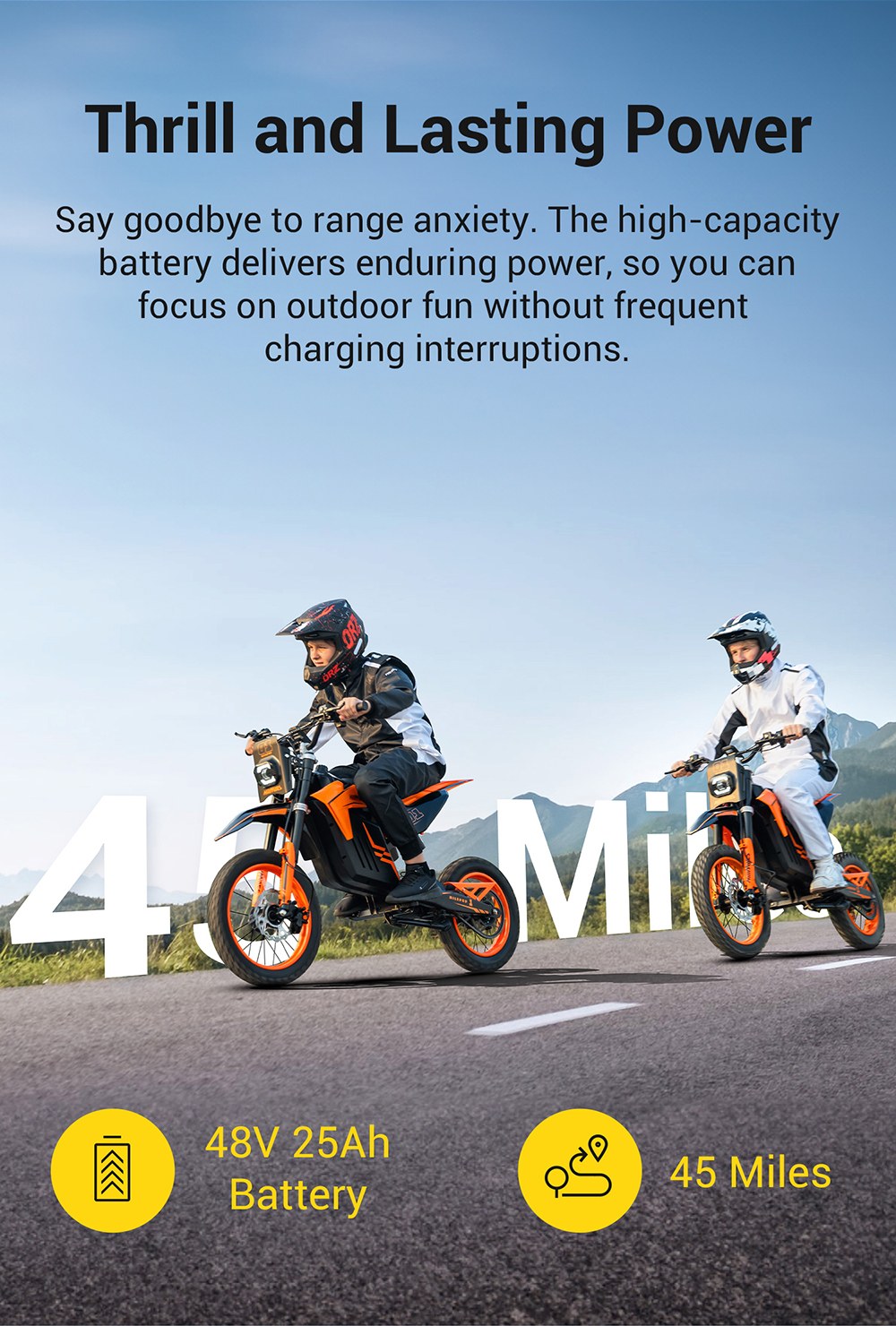 HillMiles MilePop 1 Electric Motorcycle, 2000W Motor (3000W Peak), 48V 25Ah Battery, 31 MPH Max Speed, 45 Miles Range, 120kg Load, Dual Hydraulic Brakes, Full Suspension