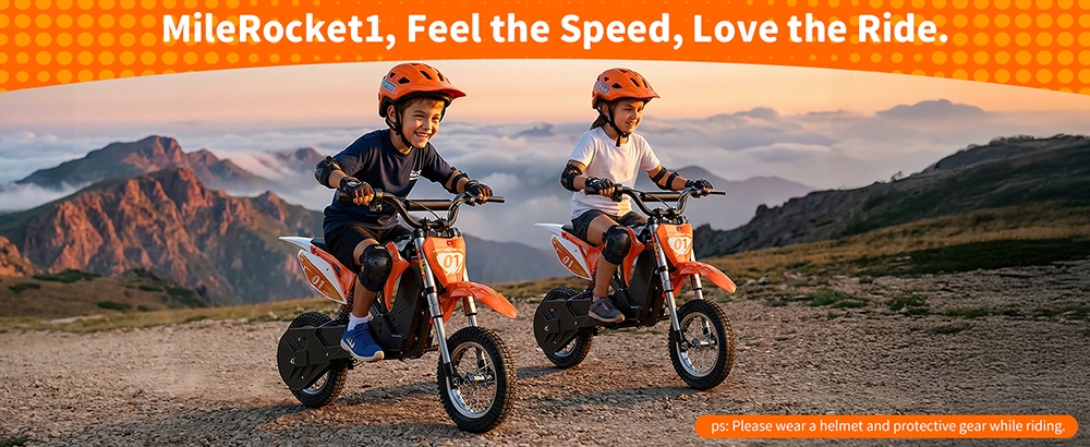 HillMiles MileRocket 1 Elektrická motorka pre deti, 300W motor (480W špičkový), 36V 4Ah batéria, max. rýchlosť 25km/h, dojazd 20km, zaťaženie 60kg, 12"×2.75" pneumatiky, bubnová brzda, predné a zadné odpruženie